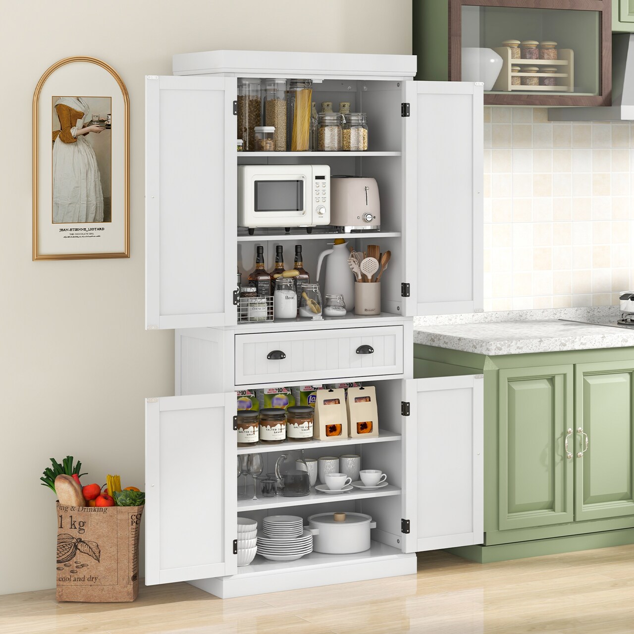 Freestanding Tall Kitchen Cabinet with 3-Position Adjustable Shelves and Large Capacity Drawer